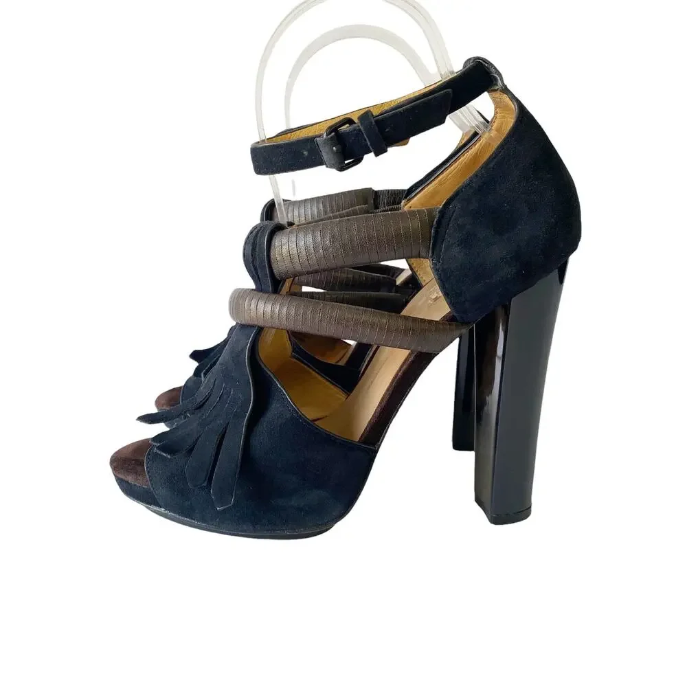 L.A.M.B Hortensia Womens Size 7 Dark Blue Fringe Suede Brown Strap Heels